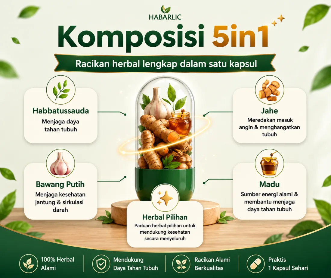 Komposisi 5in1 Habarlic: habbatussauda, bawang putih, jahe, madu, herbal pilihan